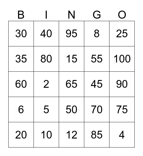 Multiplication Bingo Card