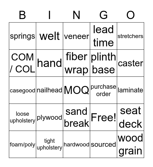 Furniture Terminology  Bingo Card