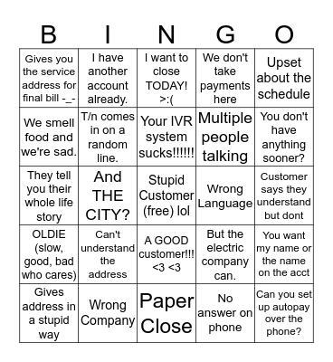 Call Center Bingo Card