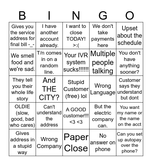 Call Center Bingo Card