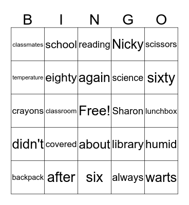 Judy Blume and Sight Words Bingo Card