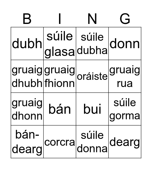 Gaeilge Bingo Card