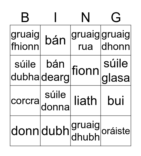 Gaeilge Bingo Card