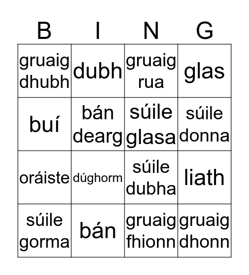 Gaeilge Bingo Card