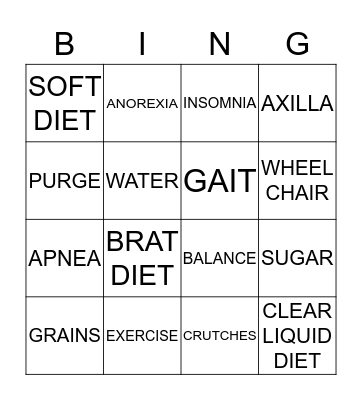 Nutrition & Rehabilitation Bingo Card