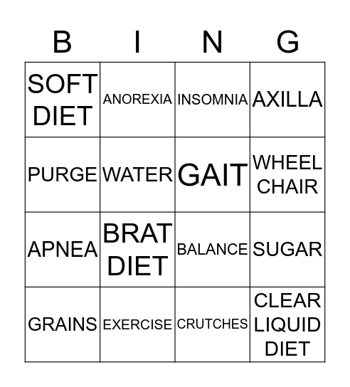 Nutrition & Rehabilitation Bingo Card