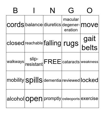 CAUSES AND PREVENTIONS OF FALLS Bingo Card