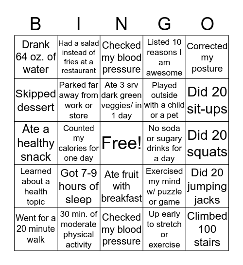 Health and Wellness Bingo Card