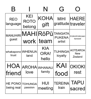 MAORI LANGUAGE WEEK BINGO Card