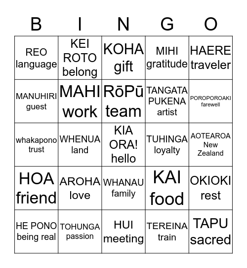 MAORI LANGUAGE WEEK BINGO Card