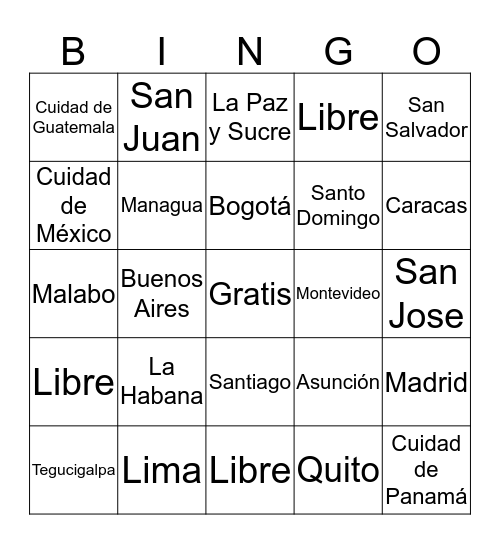 Capitals of the Spanish Speaking Countries Bingo Card