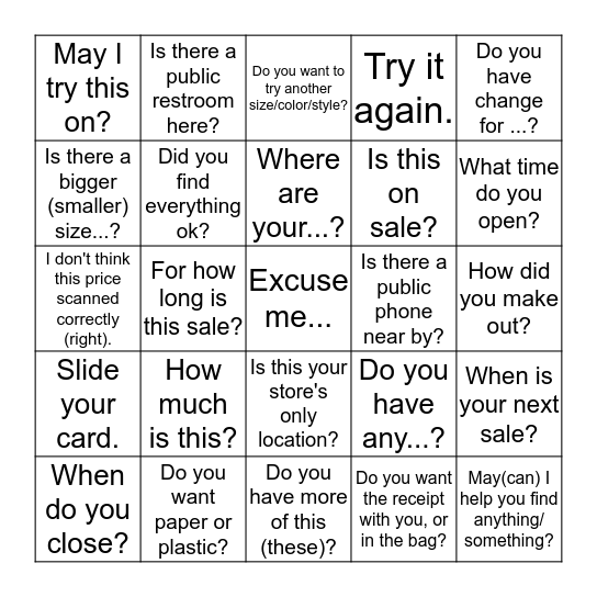 useful phrases for shopping 1 Bingo Card