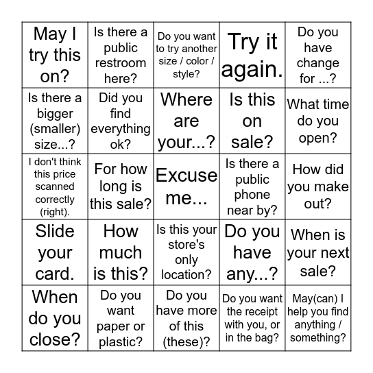 useful phrases for shopping 1 Bingo Card