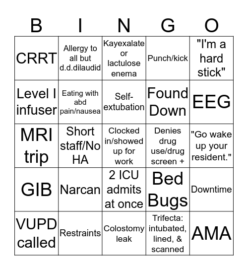 MICU Bingo Card