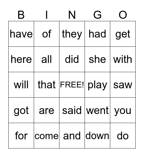 Sight Word Level 2 Bingo Card