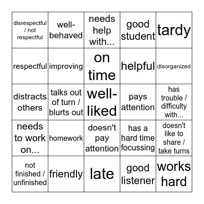 parent-teacher conference words 1 Bingo Card