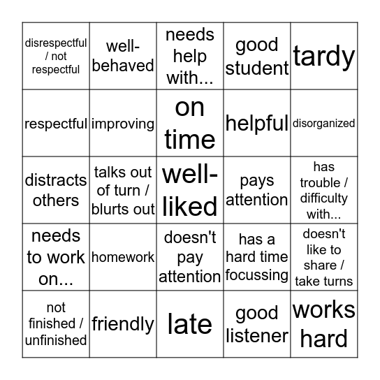 parent-teacher conference words 1 Bingo Card