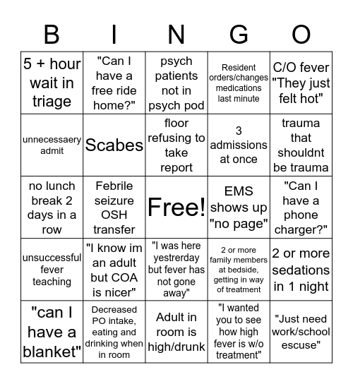 PEDS ED Bingo Card