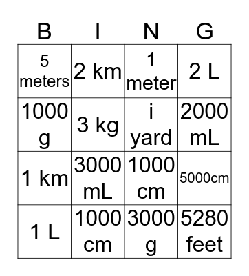 Fun with Conversions! Bingo Card