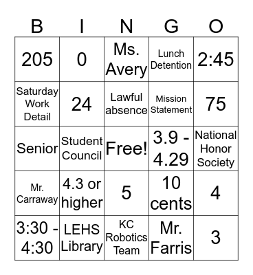 LEHS Handbook Bingo Card