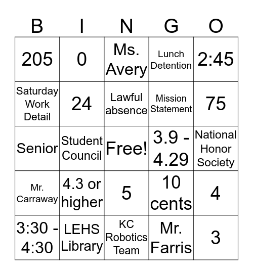 LEHS Handbook Bingo Card