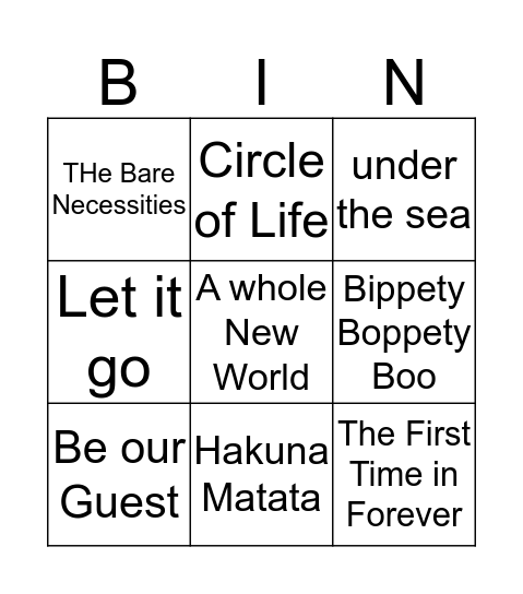 Disney Bingo Card