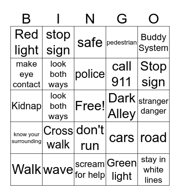 Pedestrian Safety Bingo Card