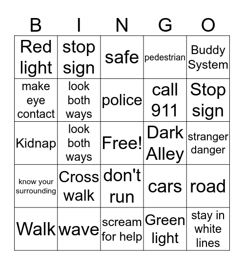 Pedestrian Safety Bingo Card