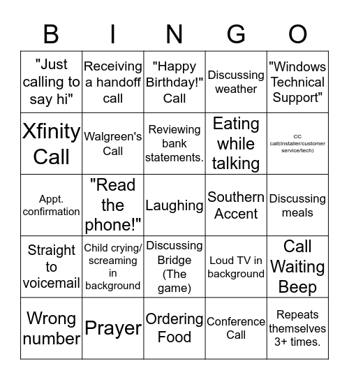 CaptionCall Bingo Card