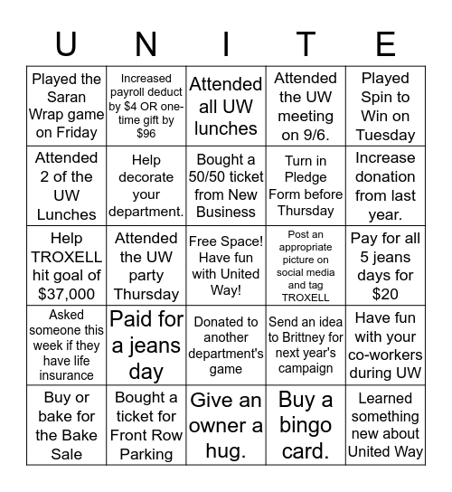 TROXELL "Unite"d Way Bingo 2018 Bingo Card