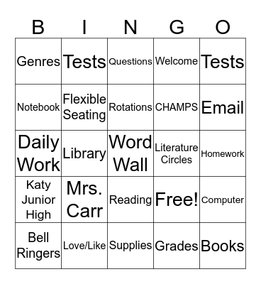 Mrs. Carr - Katy Junior High Bingo Card