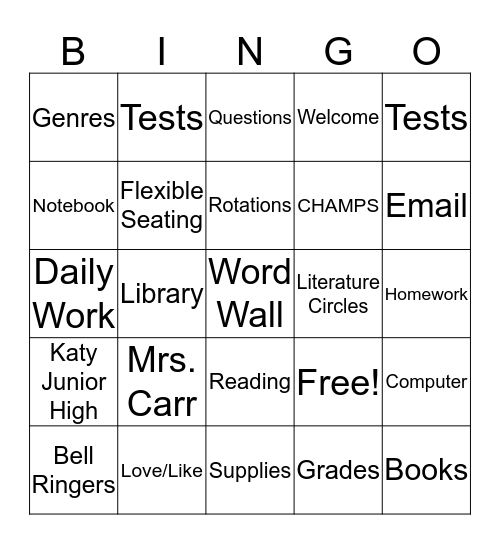 Mrs. Carr - Katy Junior High Bingo Card