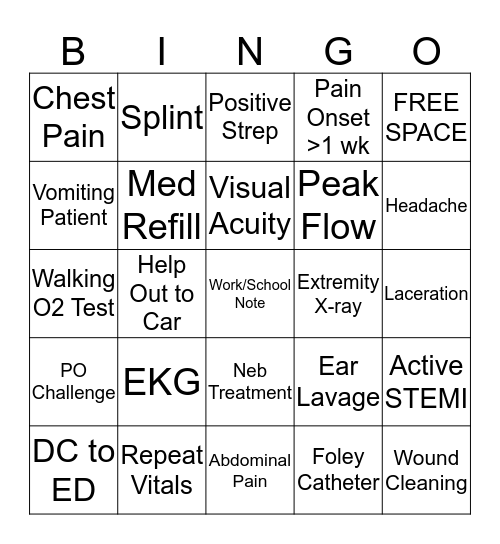 Urgent Care Bingo Card