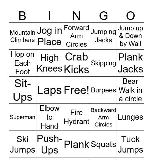 Fitness Bingo Card
