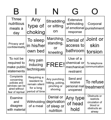 Youth Rights and Prohibited Practices Bingo Card