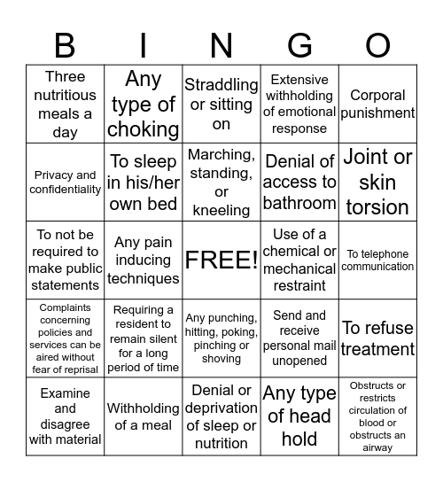 Youth Rights and Prohibited Practices Bingo Card