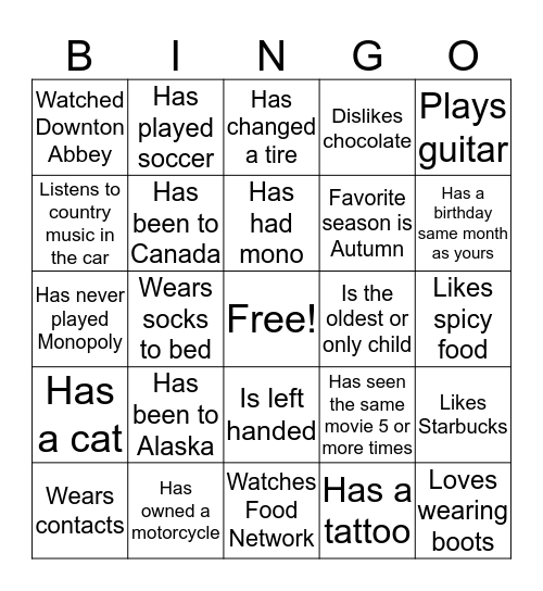 Get to Know Your Neighbor Bingo Card