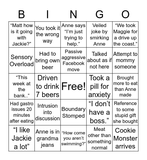 Anne Bryant  Bingo Card