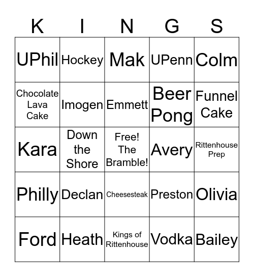 Kings of Rittenhouse Bingo Card