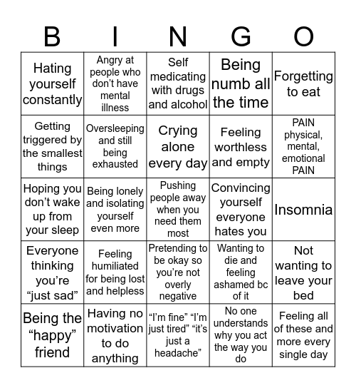 Depression Bingo!!!!! Bingo Card