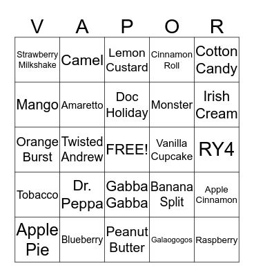 Flavor Vapor Bingo Card