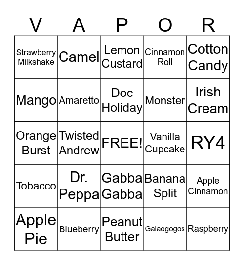 Flavor Vapor Bingo Card