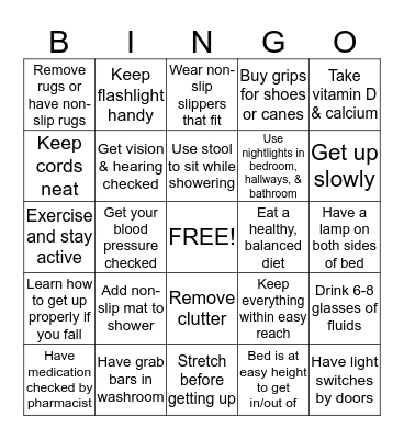 Fall Prevention Bingo Card