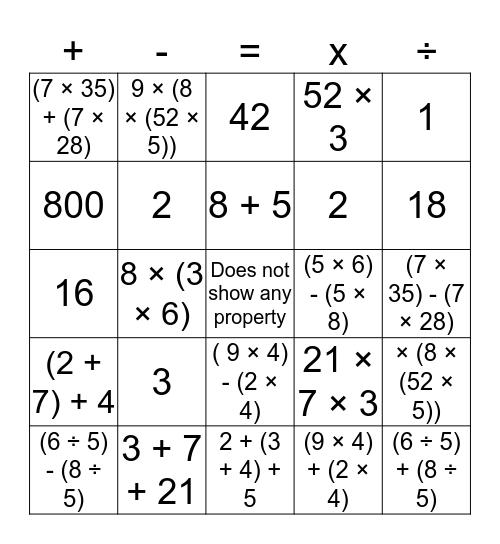 Math Properties Bingo Card
