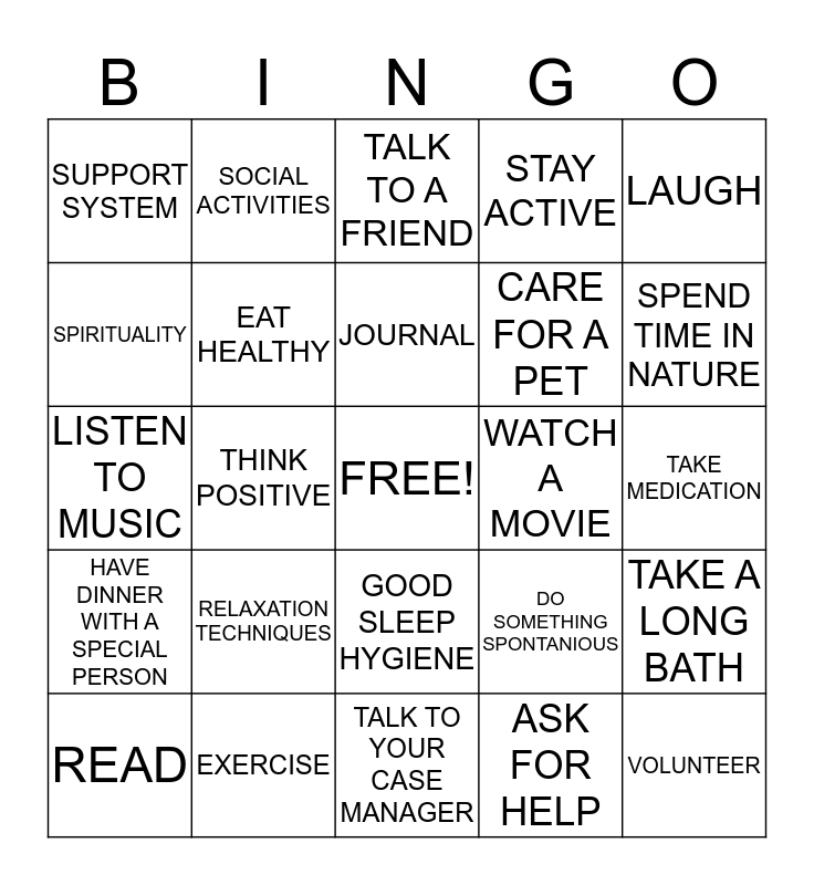 coping skills for depression Bingo Card