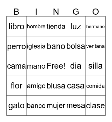 Spanish Nouns Bingo Card