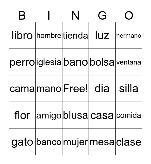 Spanish Nouns Bingo Card