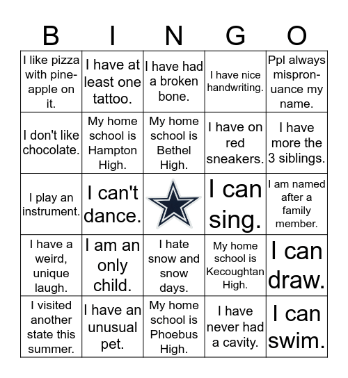 Student Introduction B-I-N-G-O Bingo Card