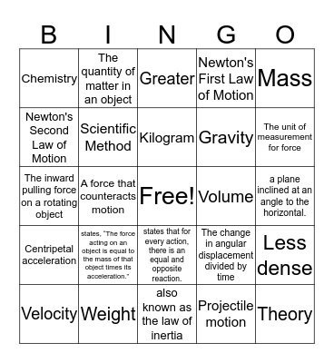 PHYSICS BINGO Card