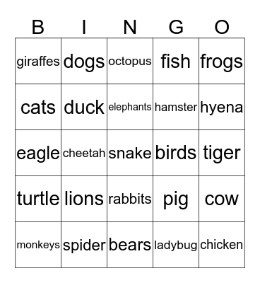 Animals Bingo Card
